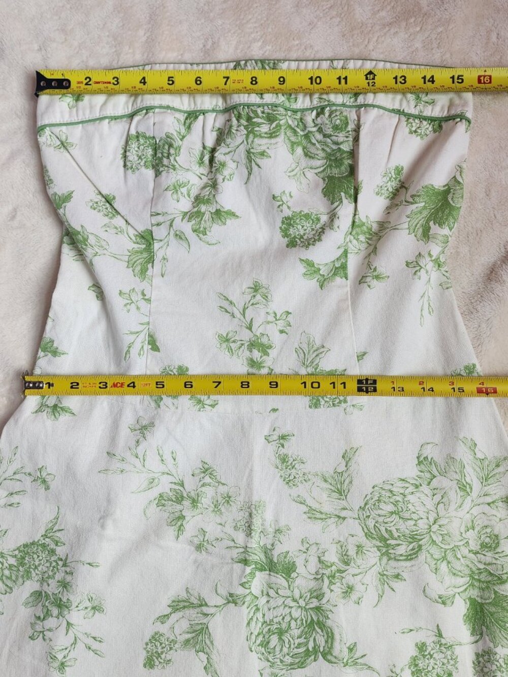 Strapless Cotton White & Green Floral Summer Romantic Coquette Dress - Picture 5 of 8